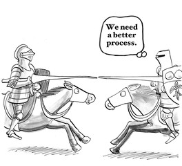 business cartoon showing two knights jousting on horseback. one thinks, 