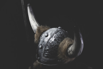 Scandinavian, Viking warrior with iron sword and helmet with hor