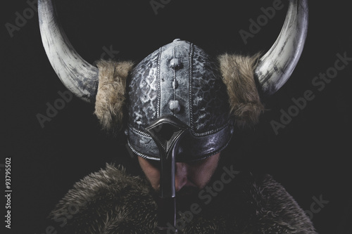 Murderer, Viking warrior with iron sword and helmet with horns Wallpaper Mural