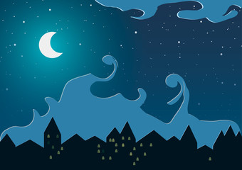 Wall Mural - Vector illustration. Night city against the stars and the moon.