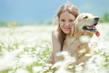 Beautiful Girl With Dog Friend In A Wild Nature 