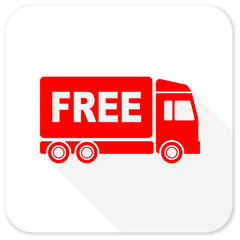 free delivery red flat icon with long shadow on white background