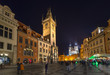 Old Town Square and Astronomical Clock Orloj in Prague at night. Czech Republic