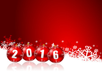 Poster -  2016 new years illustration with christmas balls and snowflakes on red background 