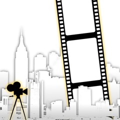 Poster - Abstract film strip background with stylized city skyline and old cinecamera