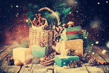 Festive Gifts In Vintage Style With Drawn Snowfall