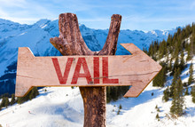 Vail Wooden Sign With Winter Background