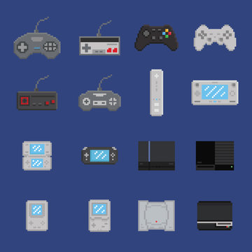 pixel art game design icon set - console, gamepad, portable