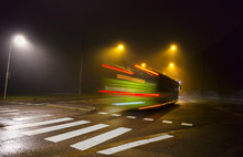  Green Bus In Dark Foggy Autumn Evening