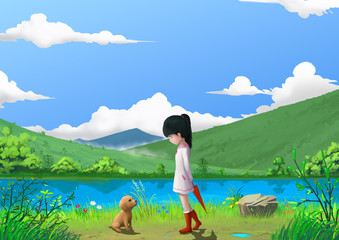 Illustration: Spring: That's Where the Little Girl meet the Little Dog. Story with Fantastic Cartoon Style Scene Wallpaper Background Design.