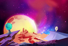 Illustration: The Magnificent Scenery, Cosmos Wonders On A Alien Planet. Story With Fantastic Cartoon Style Scene Wallpaper Background Design.