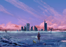 Illustration: Between The City And The Wilderness. The Young Man Walks With His Dog. Fantastic Cartoon Style Scene Wallpaper Background Design With Story.