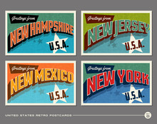 United States Vintage Typography Postcards Featuring New Hampshire, New Jersey, New Mexico, New York