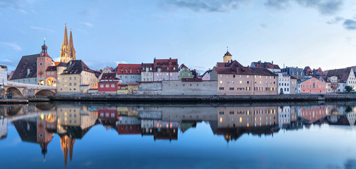 Wall Mural - Evening panorama of Regensburg from side of Danube river, Bavaria, Germany