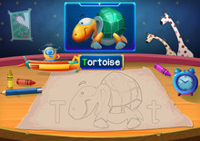 Illustration: Martian Class: T - Tortoise. The Martian In This Picture Opens A Class For All Aliens. You Must Follow And Use Crayons Coloring The Outlines Below. Fantastic Sci-Fi Cartoon Scene Design.