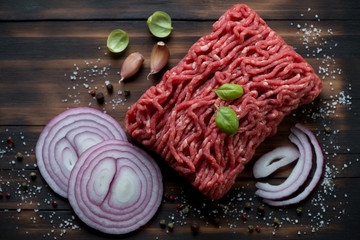 Wall Mural - Fresh ground beef meat with seasonings, close-up, above view