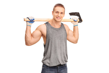 Sticker - Handsome young logger carrying an axe