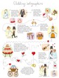 Doodle wedding infographics for invitation cards, including template design decorative elements - flowers, bride, groom, church, hearts 