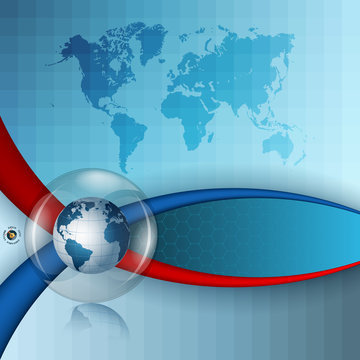 Abstract, computer, design background with World map and Earth globe;Three dimensions composition with World map and Earth in glass button/sphere on hexagons/squares pattern backdrop, space for text