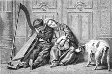 Small Street Musicians, Vintage Engraving.