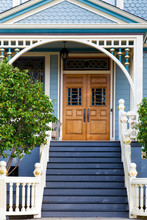 Front Door Of An Old Blue Victorian House 