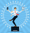 Vector illustration. Concept of Office Shiva. Man in glasses with four hands in Nataraja pose is dancing on copier in an aureole of cursors and 