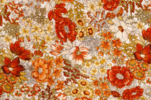 Autumn Floral Pattern On White Fabric. Orange And Red Flowers Print As Background. 
