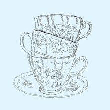 Hand Drawing Vintage Cups . Cups Standing Pile . Vintage Crockery .