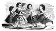 © acrogame - Vintage black and white engraving, girls game in the garden: children form a ring and dance Ring a Ring o' Roses and one child outside the circle tags the others