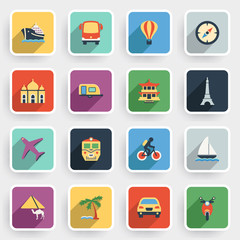 Poster - Travel modern flat icons with color buttons on gray background.