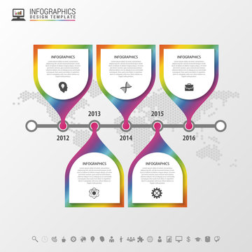 Timeline infographic with world map. Colorful modern design template. Vector illustration