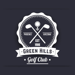 Golf club vintage white logo, emblem, sign, crossed golf clubs and ball, vector illustration