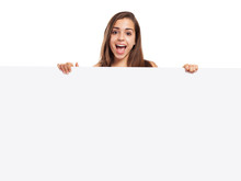 Young Elegant Woman Holding A Banner On A White Background