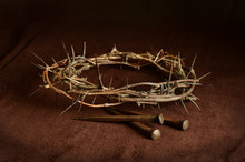 Crown Of Thorns And Nails On Cloth