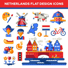 Wall Mural - Set of flat design Holland travel icons, infographics elements