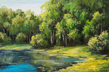 Oil Painting Landscape - Lake In The Forest, Summer Day