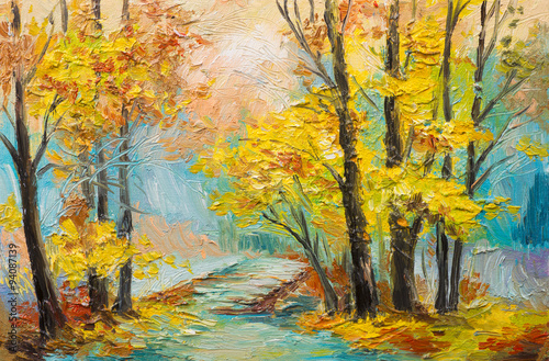 Naklejka - mata magnetyczna na lodówkę Oil painting landscape - colorful autumn forest