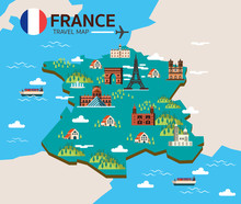France Landmark And Travel Map. Flat Design Elements And Icons.