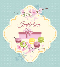 Invitation Card To Tea Party With Flowers And French Macaroons