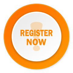 Aufkleber - register now orange circle 3d modern design flat icon on white background