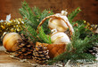 Christmas Christmas card with fir branches, golden Christmas bal