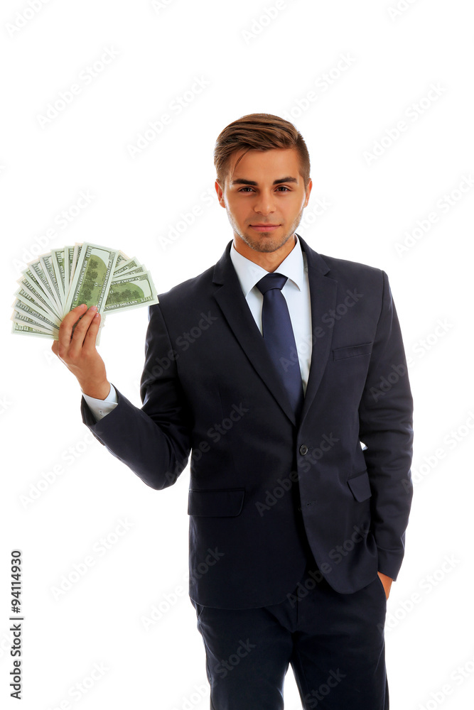 Elegant man in suit holding money isolated on white