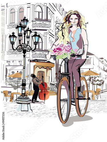 Plakat na zamówienie Wektorowa kobieta jeżdżąca rowerem po paryskiej uliczce