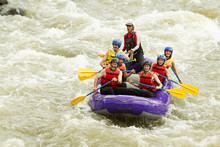 Raft Family Water White Adventure River Seniors Power People Guide Whitewater Rafting Boat Group Of Seven People Raft Family Water White Adventure River Seniors Power People Guide Boat Satisfied Race