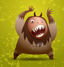 Vector Hairy Monster With Brown Mane. Image Of A Hairy Monster With Brown Mane, Horns, Two Paws And Two Eyes On A Green Background As The Foliage And Grass.