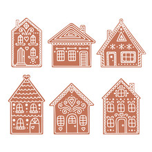 Gingerbread House. Set Of Vector Hand Drawn Gingerbread Houses. Christmas Cookies. Brown And White Colors.