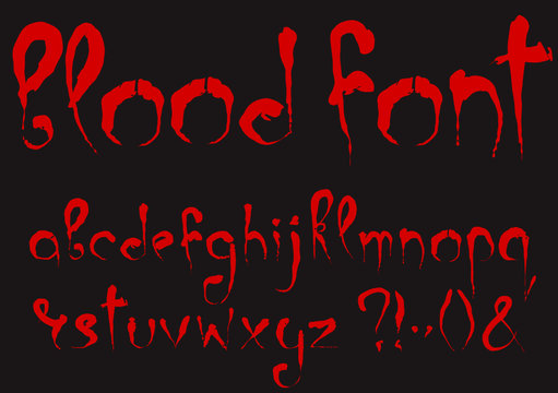 Bloody alphabet set. Lowercase dark red stylized hand drawn letters and most important punctuation marks isolated on a black background. Ideal font for a halloween party posters and invitations.
