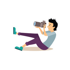 Sticker - Sitting Photographer in Flat Style. Vector Illustration