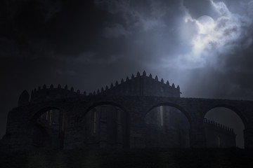 Poster - Medieval abbey in a full moon night