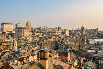  Aerial view of the downtown of Genoa during the sunset
